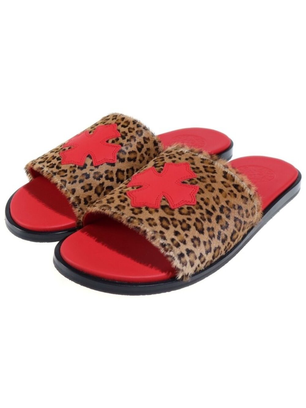 Chrome Hearts CH Slide CH Plus Patch Leopard Calf Hair Sandals Red Beige